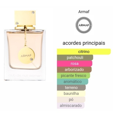 Frasco de perfume Armaf com lista de acordes principais colorida