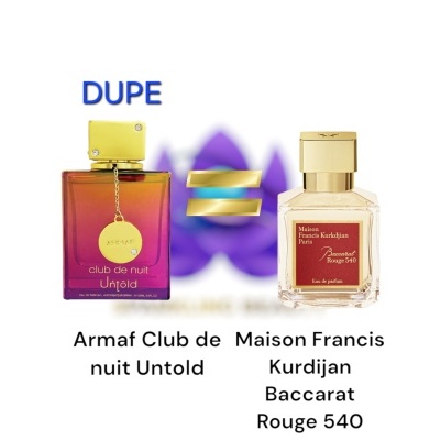 Dois frascos de perfume Armaf Club de nuit Untold e Maison Francis Kurkdjian Baccarat Rouge 540 lado a lado