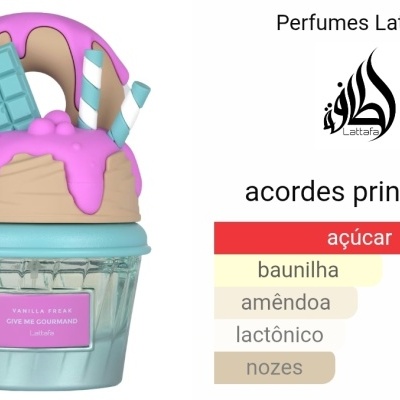 Frasco de perfume decorado com tampa em formato de donut e barra de chocolate