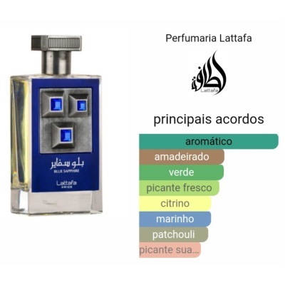 frente do perfume Blue Sapphire da Lattafa em vidro transparente com rótulo azul e texto ao lado