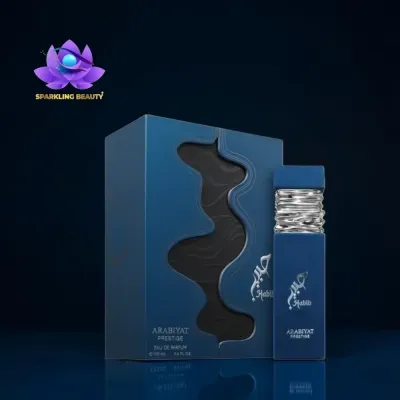Frasco azul de perfume ARABIYAT PRESTIGE com embalagem azul e texto prateado