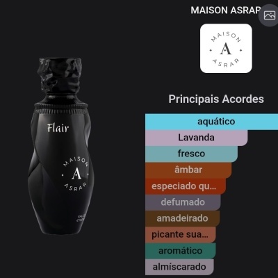 Frasco preto ondulado de perfume Flair da MAISON ASRAR com gráfico dos acordes aromáticos