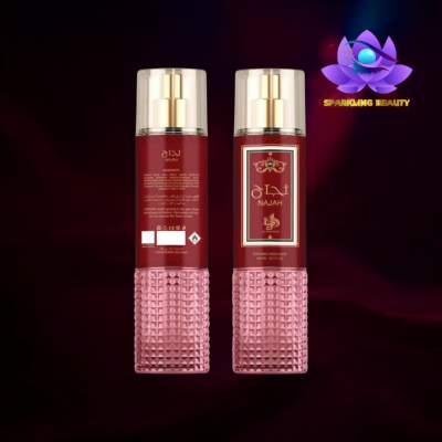 Dois frascos de spray corporal perfumado Najah com design rosa e vinho