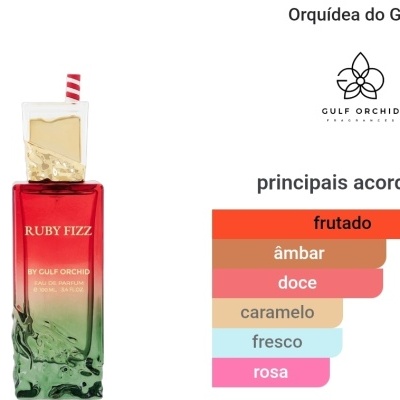 Frasco de perfume Ruby Fizz com detalhes coloridos e descrição de fragrância em português