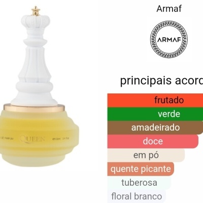 Frasco de perfume amarelo com tampa branca em formato de peça de xadrez e texto sobre notas olfativas.