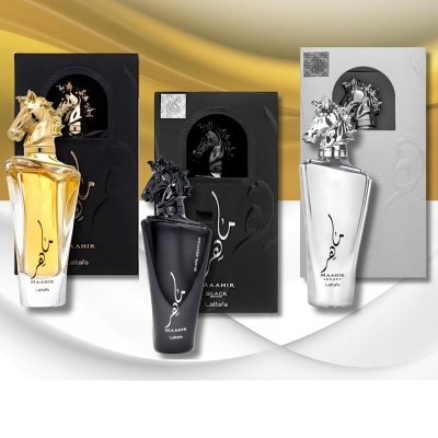 Três frascos de perfume MAHIR em dourado, preto e branco com tampas em cabeça de cavalo