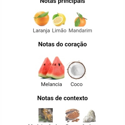 Frutas e ingredientes classificados como notas principais, do coração e de contexto com texto em português.