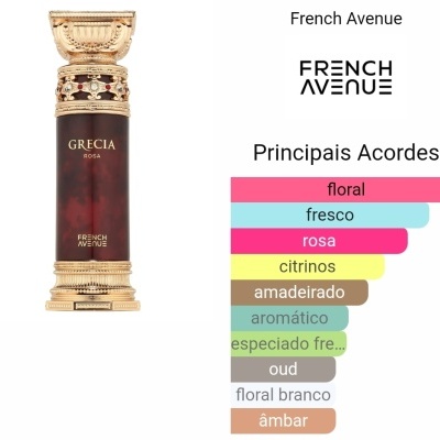 Frasco de perfume luxuoso dourado preto com detalhes vermelhos e texto GRECIA ROSA FRENCH AVENUE, lista de principais acordes olfativos.