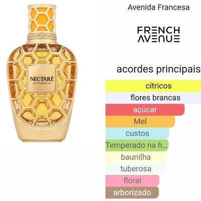Frasco de perfume dourado com padrão hexagonal e gráfico de acordes principais em português