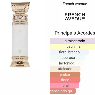 Frasco de perfume em branco e dourado com textura marmoreada e lista de principais acordes
