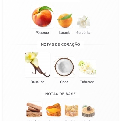 Notas aromáticas com imagens de pêssego, laranja, gardénia, baunilha, coco, tuberosa, sândalo, âmbar, benjoim e cedro