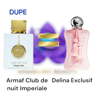 Dois frascos de perfume, um branco com tampa dourada e o outro rosa com tampa prateada, com texto e símbolo entre eles