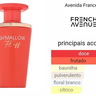 Frasco de perfume rosa com tampa, texto e gráfico de acordos olfativos