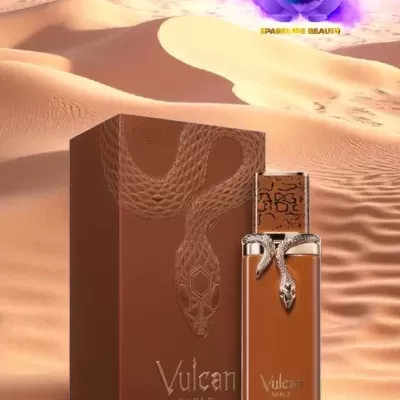 Perfume Vulcã Sable com caixa castanha e cobra desenhada ao fundo de dunas de areia