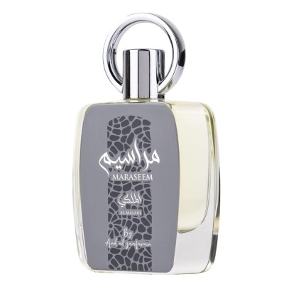 Frasco de perfume Maraseem Al Malaki com rótulo cinzento e tampa prateada