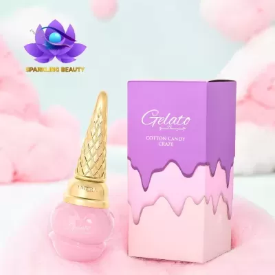 Frasco de gelado rosa com tampa dourada e caixa roxa e rosa