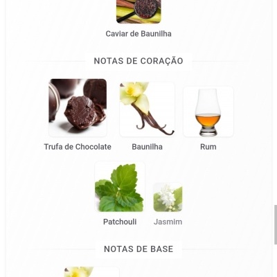 Secções de notas de um perfume apresentando baunilha, chocolate, rum, patchouli, jasmin, caramelo, fava tonka e agarwood.