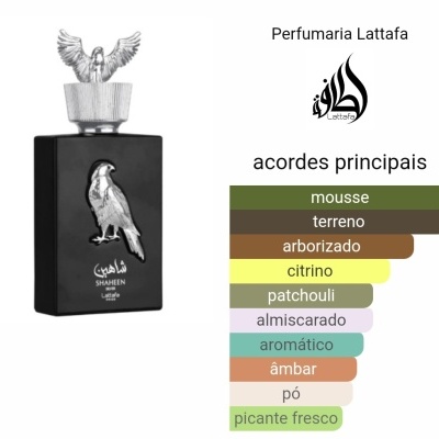 Garrafa de perfume preta com tampa prateada decorada com pássaro e lista de acordes principais
