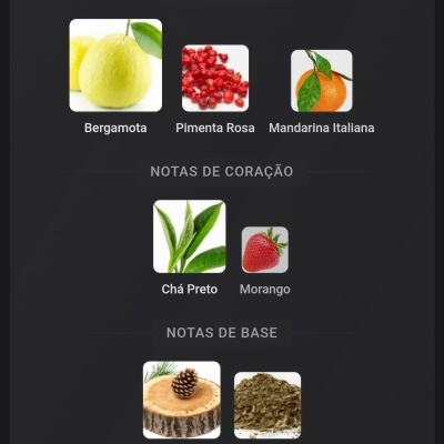 Notas olfativas com imagens de bergamota, pimenta rosa, mandarina italiana, chá preto, morango, cedro e mate em fundo preto