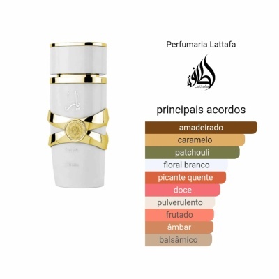 Frasco de perfume branco com detalhes dourados e lista de notas olfativas em fundo branco.