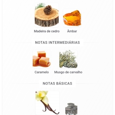 Notas olfativas com imagens de madeira de cedro, âmbar, caramelo, musgo de carvalho, baunilha e fava tonka