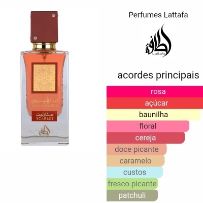 Frasco de perfume Lattafa com etiqueta dourada e vermelha, lista de acordes principais ao lado.