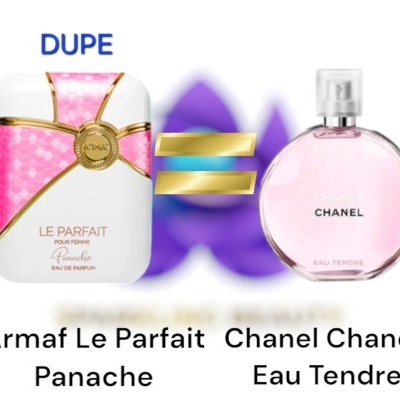 Frascos dos perfumes Armaf Le Parfait Panache e Chanel Chance Eau Tendre lado a lado com símbolo de igualdade dourado
