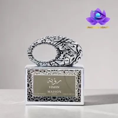 Frasco de perfume Vision Maison Asrar com tampa oval decorada e etiqueta prateada.