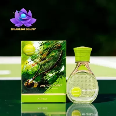 Perfume Armaf Match Point com embalagem verde e imagem de raquete de ténis