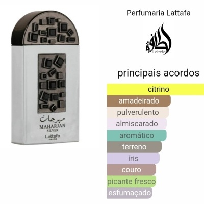 Frasco de perfume Lattafa Maharjan Silver com acordos de fragrância listados