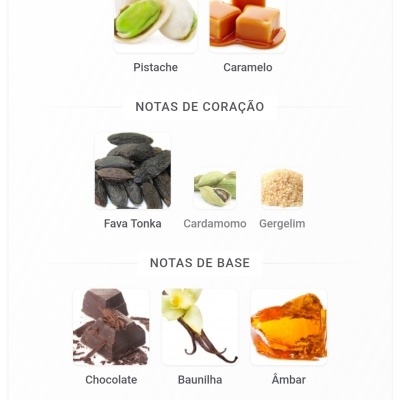Notas aromáticas pistache, caramelo, fava tonka, cardamomo, gergelim, chocolate, baunilha, âmbar e notas atalcadas