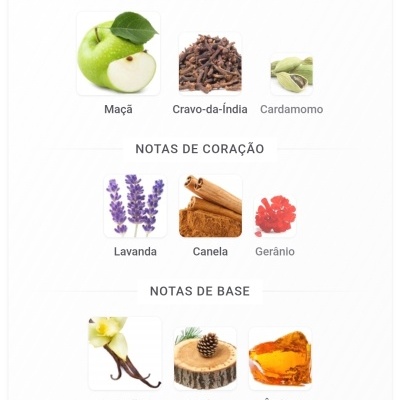 Notas olfativas de perfume com imagens de maçã, cravo-da-índia, cardamomo, lavanda, canela, gerânio, baunilha, cedro e âmbar.