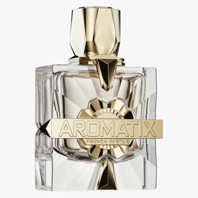Frasco de perfume AROMATIX FRENCH AVENUE com detalhes dourados