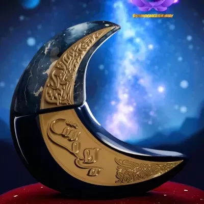 Escultura decorativa em forma de lua crescente preta e dourada com relevos, sobre base vermelha em cenário estrelado