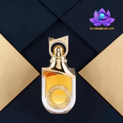 Frasco de perfume dourado e vidro com líquido amarelo