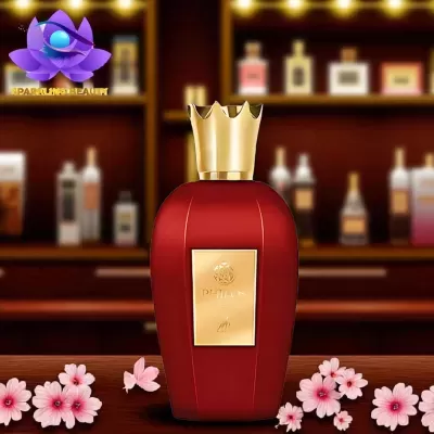 Frasco de perfume vermelho com tampa dourada em forma de coroa sobre superfície de madeira