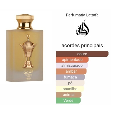 Frasco de perfume bege fosco com detalhes dourados, texto em árabe e lista de acordes principais ao lado.