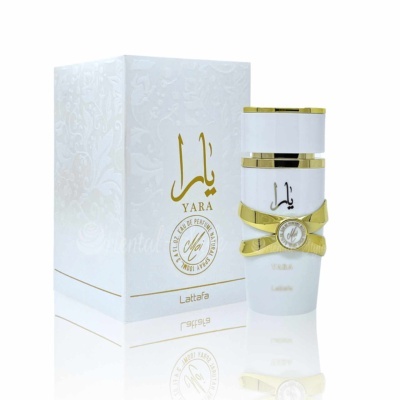 Perfume Yara Lattafa com caixa branca decorativa e detalhes dourados
