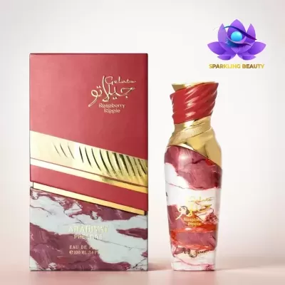 Frasco de perfume e caixa com padrão mármore branco e vermelho com detalhes dourados