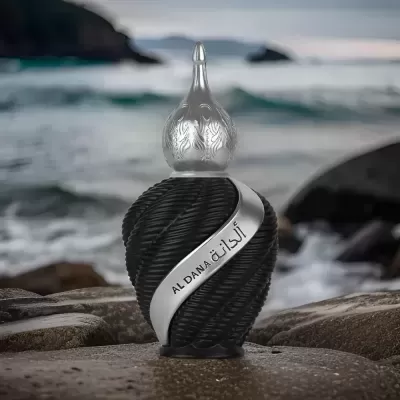 Frasco de perfume preto texturizado com tampa prateada sobre rochas junto ao mar