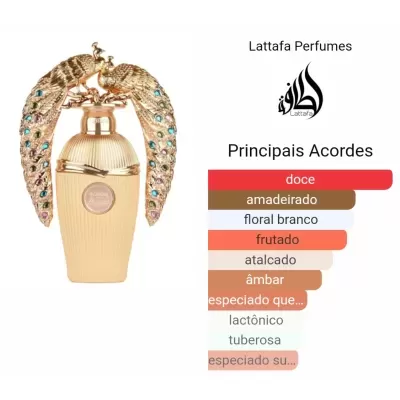 Frasco de perfume dourado com tampa decorada por aves douradas e texto sobre acordes perfume