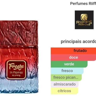 Frasco de perfume vermelho e azul com etiqueta dourada Freeze In Flames