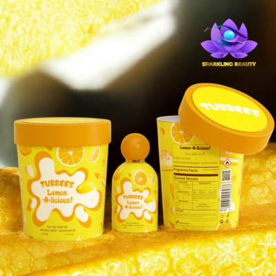 Perfumes e embalagens amarelas com ilustrações de limão e texto TUBBEES Lemon-A-licious