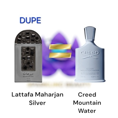 Frascos dos perfumes Lattafa Maharjan Silver e Creed Mountain Water lado a lado com sinal de igual entre eles