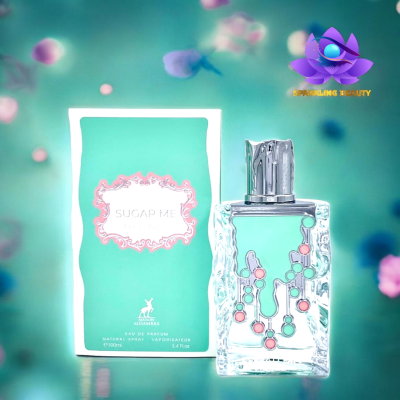Frasco de perfume e embalagem verde com texto