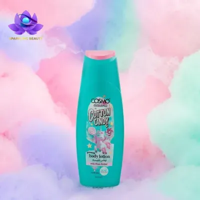 Frasco azul de loção corporal com rótulo colorido e tampa rosa