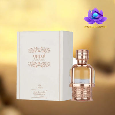 Frasco de óleo concentrado Amoura com embalagem branca e detalhes dourados