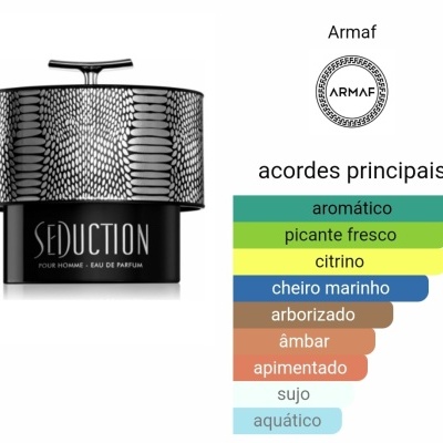 Frasco de perfume Armaf Seduction Pour Homme com tampa preta texturizada e lista de acordes principais ao lado