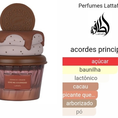 Frasco de perfume Lattafa com tampa em forma de cookie e creme, texto de acordes principais