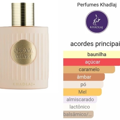 Frasco de perfume creme com selo dourado e gráfico de acordes principais em cores variadas